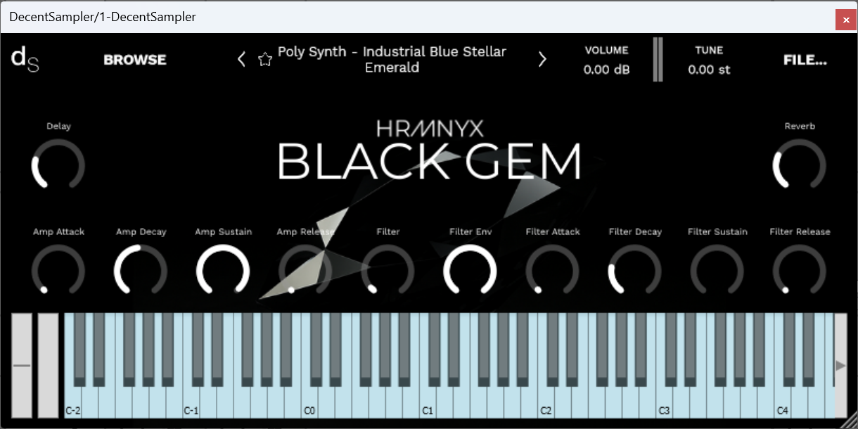A screenshot of the Black Gem Sample Library instrument interface in Decent Sampler.